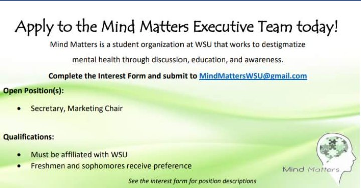 active_mindsWSU's tweet photo. Only one more day to apply to executive board! Click the link below:

https://t.co/2pniUF9f2K https://t.co/v7tMEFOWlE
