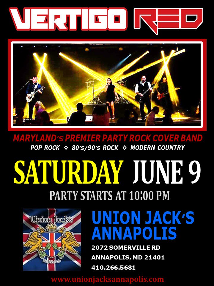 For our friends in Annapolis, join us for our return to <a href="/UJsAnnapolis/">UJ's Annapolis</a> on Saturday, June 9th.  Showtime: 10pm.  
#vertigoredrocksujannapolis