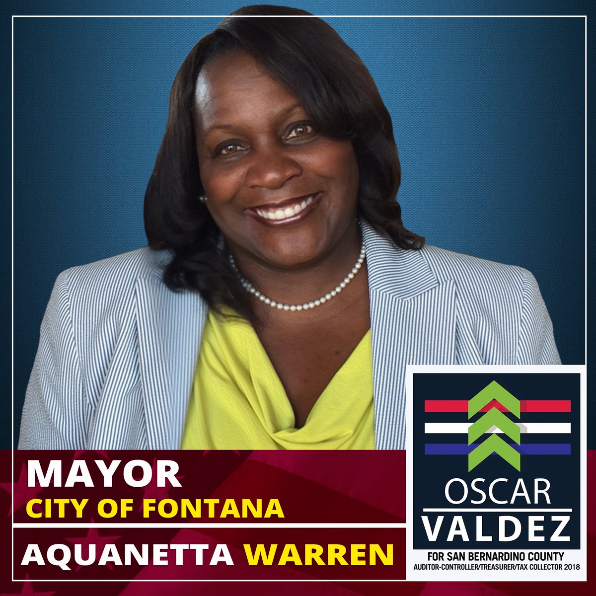 OscarValdez2018's tweet photo. Aquanetta Warren - Mayor for the City of Fontana,
endorses Oscar Valdez for San Bernardino County
Auditor - Controller / Treasurer / Tax Collector 2018
#OV2018 #GOTV @CityofFontanaCA @AcqieWarren https://t.co/kOIJ8QxDKw