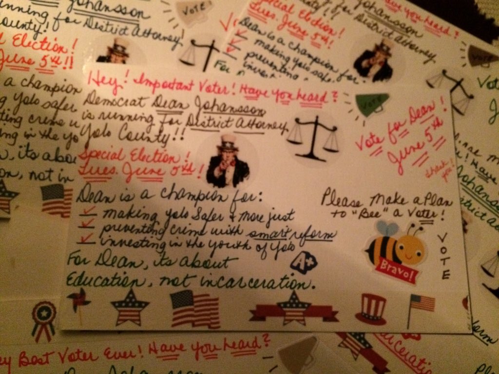 ASauer8's tweet photo. @AmySero did some #postcardstovoters for #Dean4DA for your county ! #Yolo hope he wins!! https://t.co/vj5DtM173q