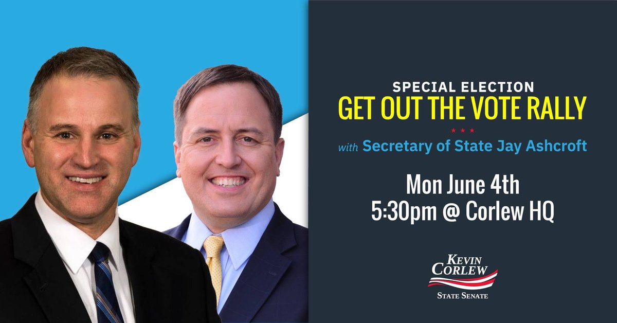 KevinCorlew's tweet photo. Join us Mon. for a #GOTV rally with special guest @JayAshcroftMO! We'll be at the #CorlewCrew HQ, 6651 N Oak Trfy, at 5:30p. Help us continue our #grassroots efforts to reach #Northland voters before Tuesday's #VoteJune5 special election in #MoSen17. #PeopleOverPolitics https://t.co/SRp4vmx79z
