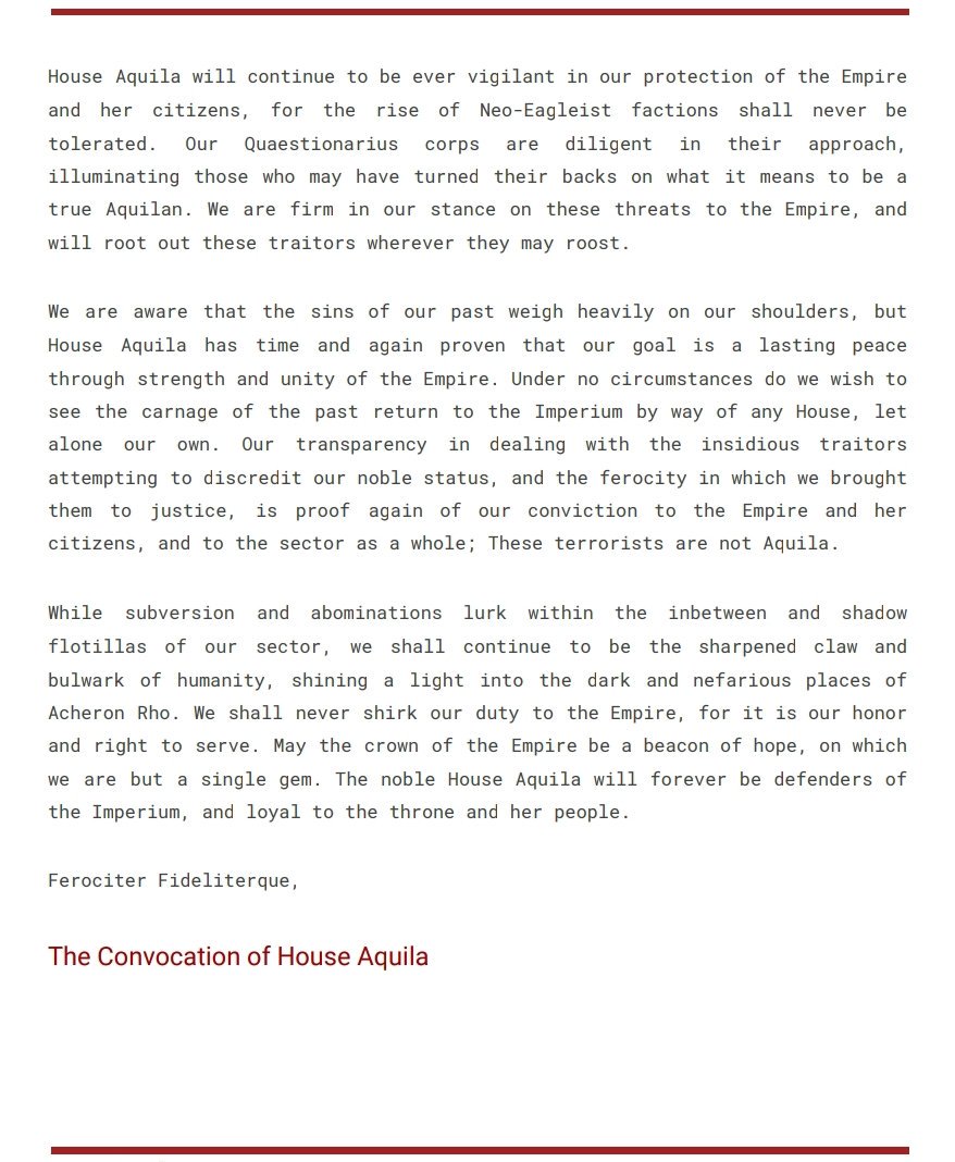 HouseAquila's tweet photo. A statement on the recent events in Infernum from the Convocation of House Aquila. https://t.co/iWblUxgpPu