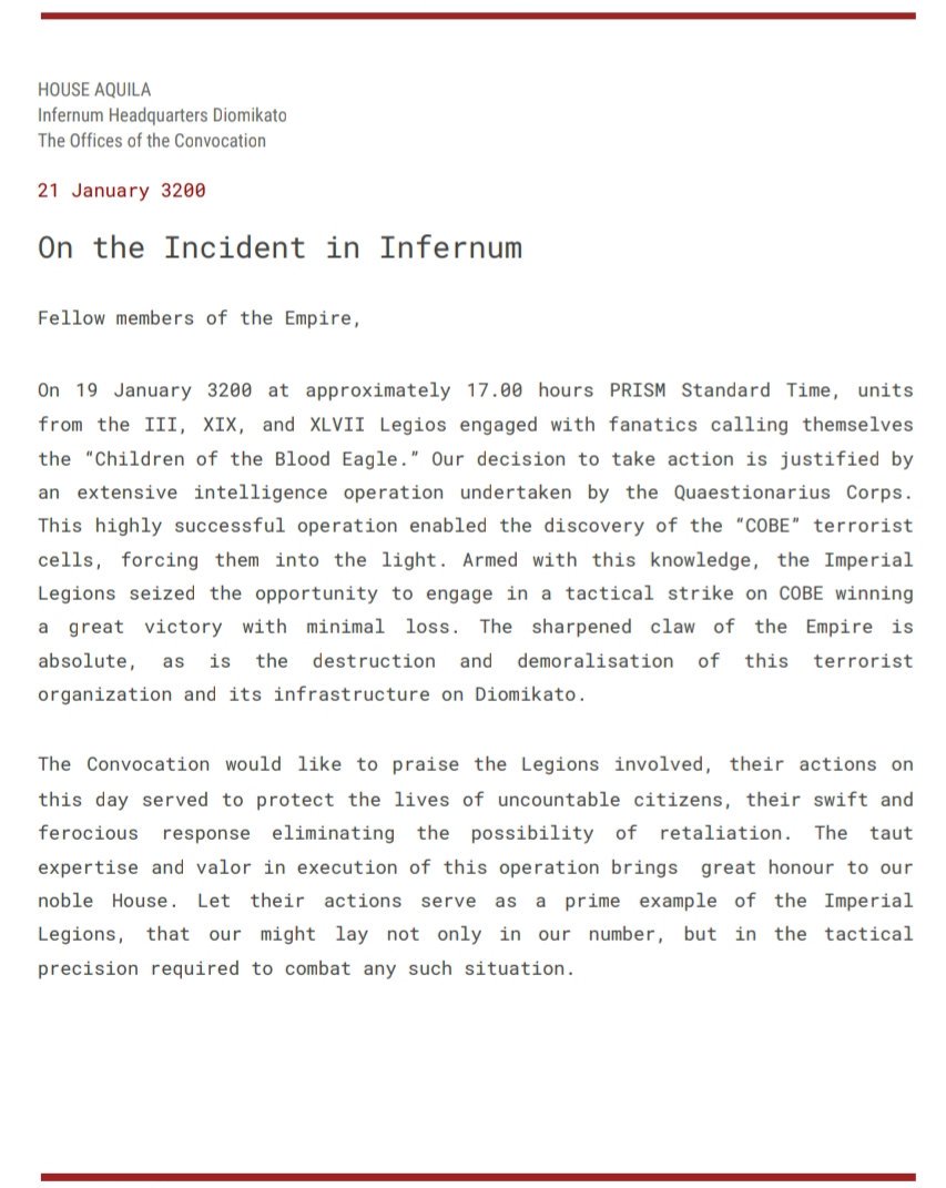 HouseAquila's tweet photo. A statement on the recent events in Infernum from the Convocation of House Aquila. https://t.co/iWblUxgpPu