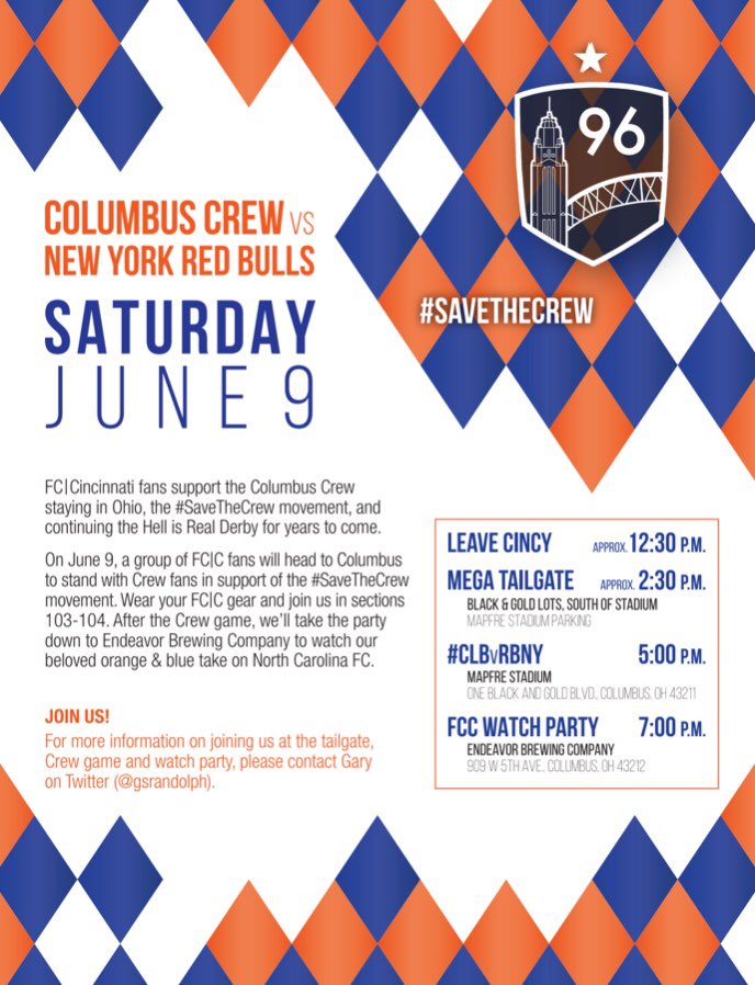 cincysoccertalk's tweet photo. Wanna be an awesome individual and help #SaveTheCrew? Join many @fccincinnati supporters traveling to @Save_The_Crew this upcoming Saturday! Details below. Contact @gsrandolph for questions. #KeepHellReal @mls https://t.co/Ewfv2Vnvgi