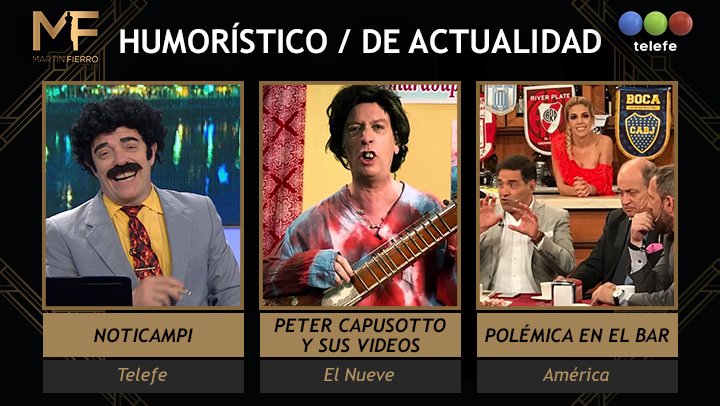 TelefeOk_'s tweet photo. ⭐️NOMINADOS⭐️
¿Quién se llevará el #MartínFierro2018 a Mejor Programa Humorístico/De Actualidad?
- #NotiCampi
- #PeterCapusottoYSusVideos
- #PolémicaEnElBar https://t.co/hZRHRC0GVQ