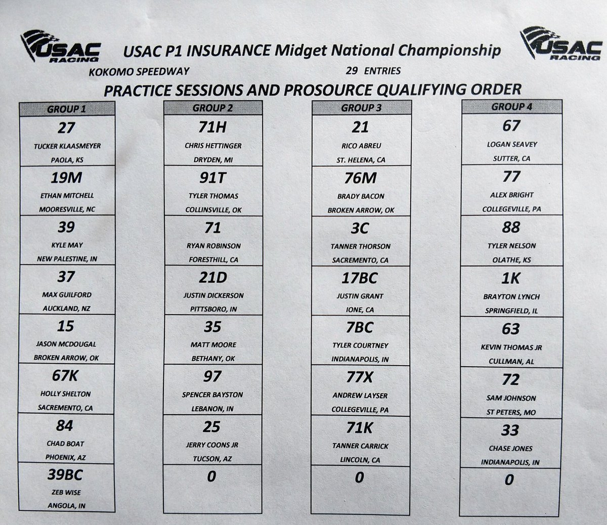 BradyBaconRacin's tweet image. Qualifying order for tonight’s @USACNation #MidgetWeek finale @kokomospeedway! 

@BradyBacon will be the 18th car to go out!