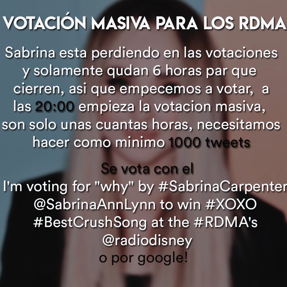 lgbtsabs's tweet photo. i'm voting for "why" by #SabrinaCarpenter @SabrinaAnnLynn to win #XOXO #BestCrushSong at the #RDMA's @radiodisney

a las ocho chiques!! https://t.co/m8WN9podV4