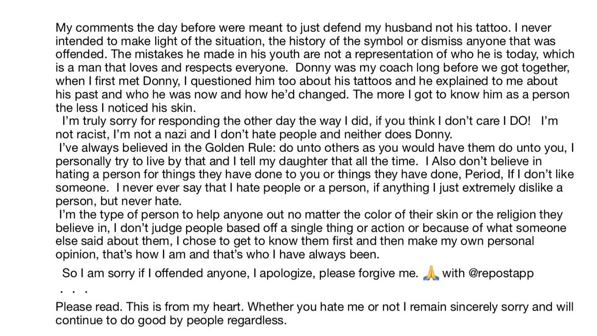Please read my full apology, this is to everyone who was upset or offended by me and my initial response. I sincerely apologize, it wasn’t thought out when I sent it, I deleted it immediately after I sent it when I was more rational and clear minded. 🙏 forgive me