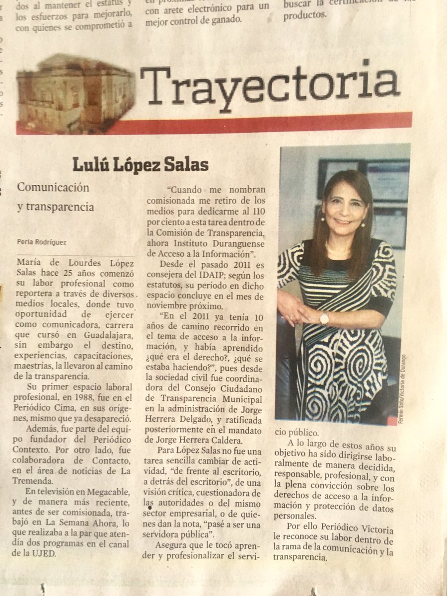 lululopezsalas's tweet photo. Gracias al @period_victoria por dedicar el espacio denominado “Trayectoria” a su servidora en reconocimiento a la labor desarrollada en el periodismo y hoy trabajando por #Accesoalainformación y #Transparencia publicado en la edición de hoy Gracias 
 @JMOJICAV y #PerlaRodriguez https://t.co/OFXx45zqHo