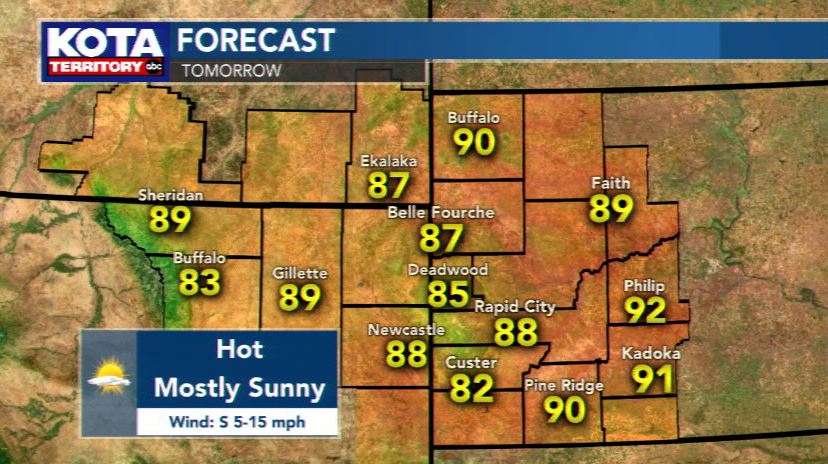 colleenhurleywx's tweet image. The heat is on to start the work week! We could see an isolated thunderstorm in northern Hills tomorrow afternoon, otherwise hot &amp;amp; sunny #notsummeryet #kotaweather