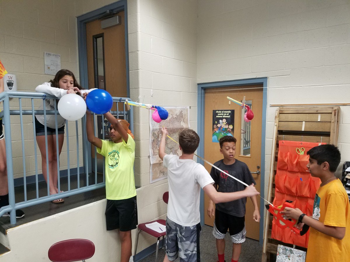 Mr_Yambor's tweet photo. Exploring Newton's laws with our balloon powered actions reaction rockets.  Isn't it funny how sometimes filling the balloon more makes it move less. 
#wilsonsouthern #wilsonsd https://t.co/5w2ZXh2Mlc