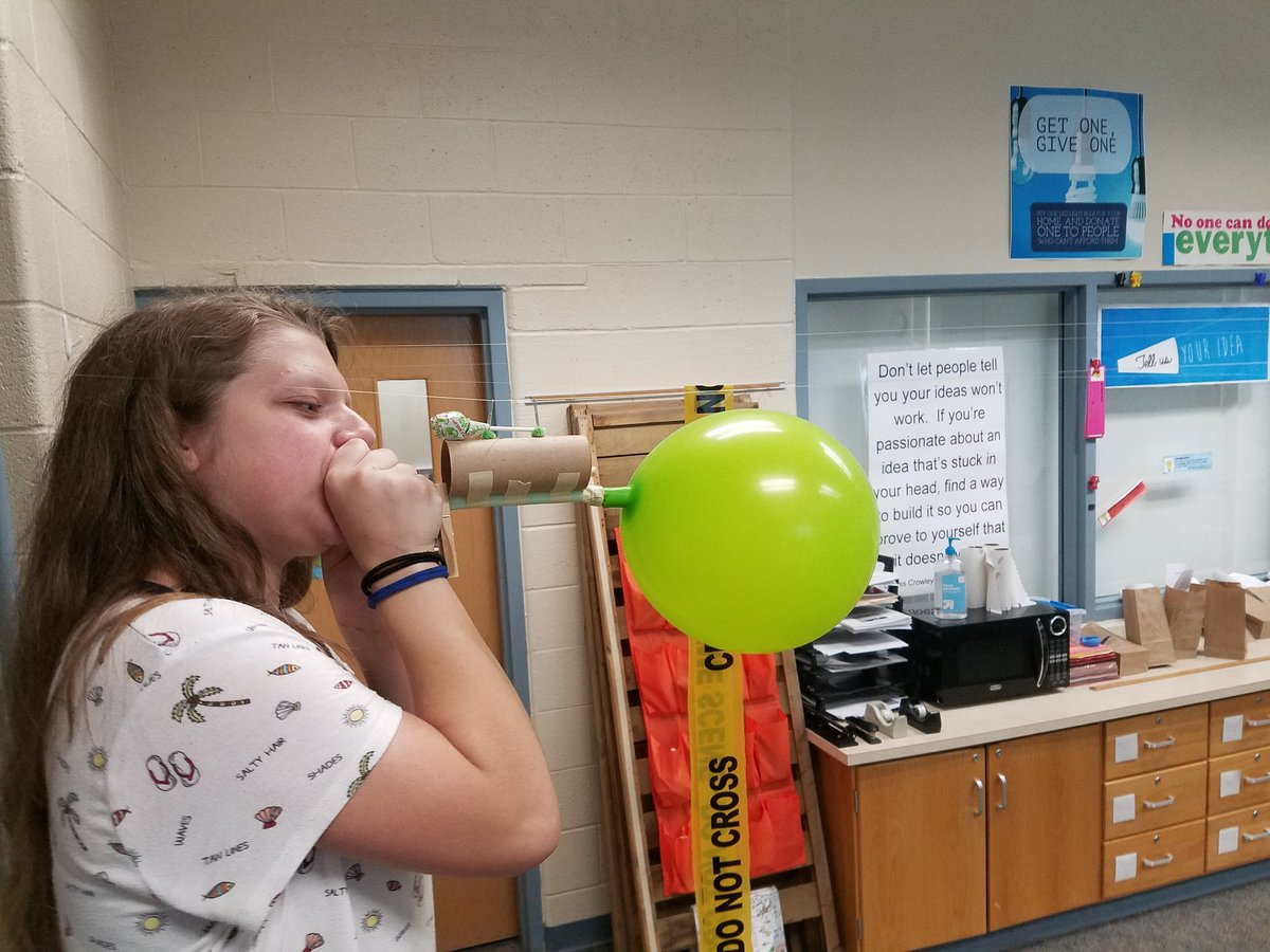Mr_Yambor's tweet photo. Exploring Newton's laws with our balloon powered actions reaction rockets.  Isn't it funny how sometimes filling the balloon more makes it move less. 
#wilsonsouthern #wilsonsd https://t.co/5w2ZXh2Mlc