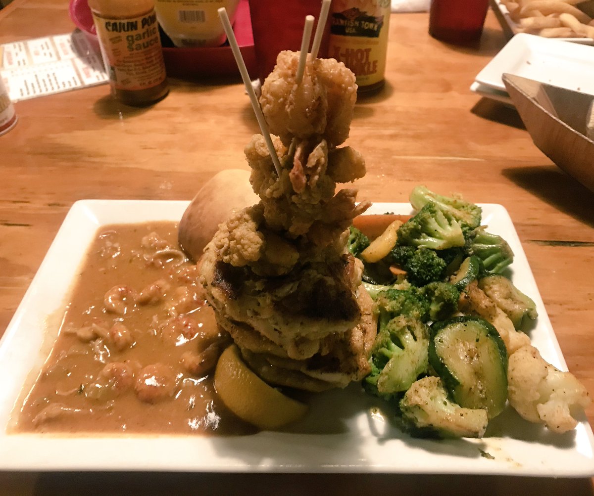 FZSFACS's tweet image. When you’re in southern Louisiana, you eat Cajun food - boudin ball, crawfish boulette, crawfish etouffe, and a tower of fried shrimp, oysters, catfish and crab cake #eatlocal #foodadventures #imstuffed