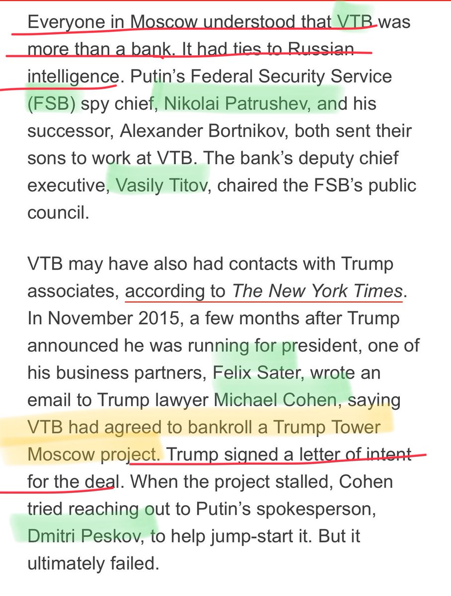 Trump signed a letter of intent w VTB Bank to fund Trump Tower Moscow. VTB Bank is tied to Russian Intelligence thru Nikolai Patrushev & Alexander Bortnikov both Chiefs of FSB