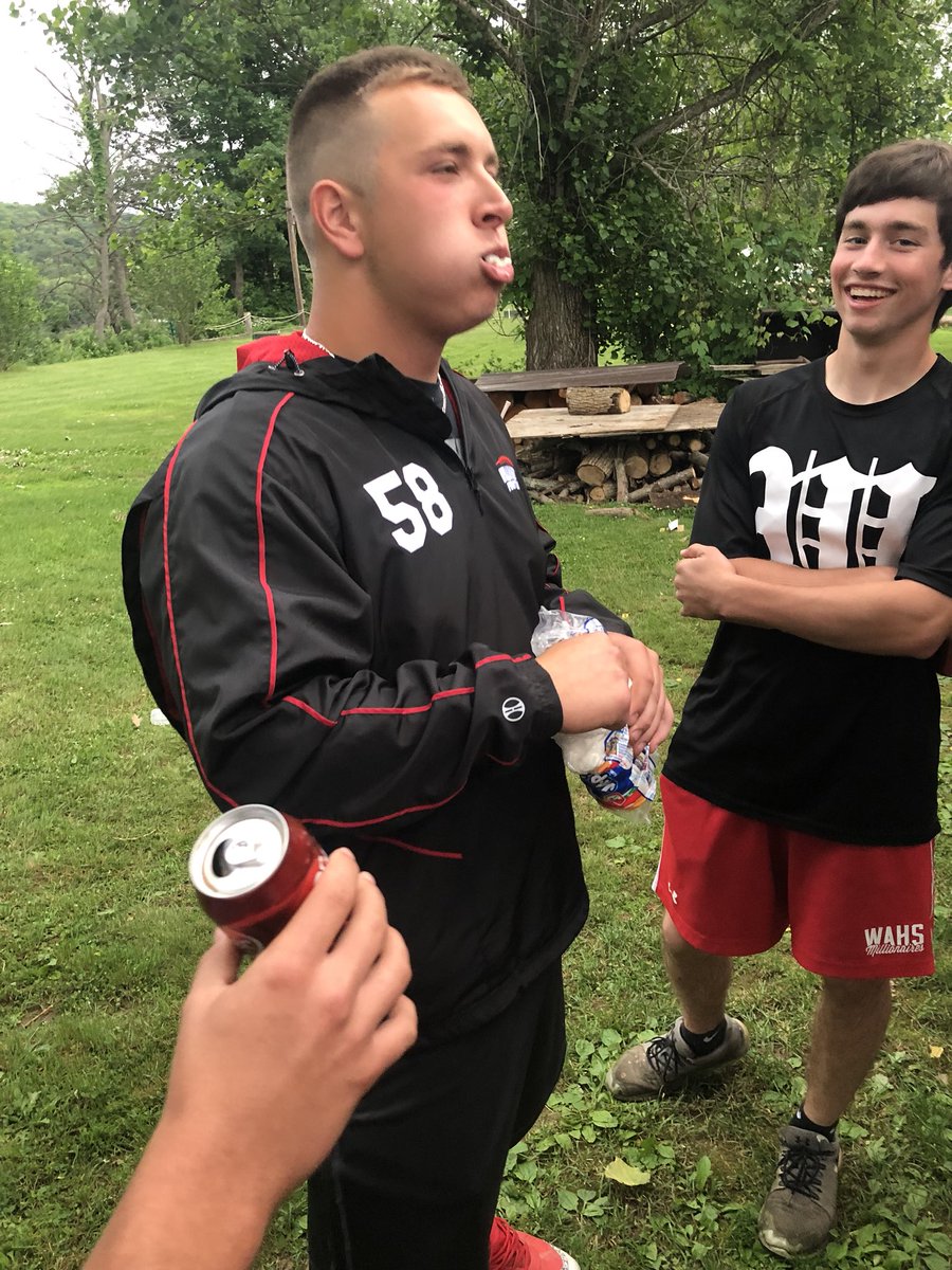 2018WAHS's tweet photo. Big Senior Right Hander Isaac Snyder loads his mouth with Jumbo Marshmallows doing the Chubby Bunny challenge before the first state game! Got a total of 23 jumbo mallows! Great day to be Millionaire! https://t.co/cNHkd8Z1w5
