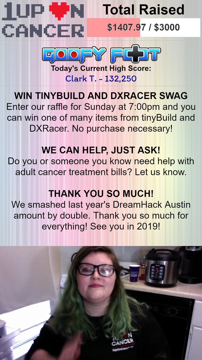 1UpOnCancer's tweet photo. We smashed last year's @DreamHack Austin amount by double. How amazing is that? We raised $1,407.97 for adults with cancer treatment bills! We're so proud of all the work everyone has done. Thank you! That's a wrap for #DHATX18! https://t.co/K5K5PeFjlV