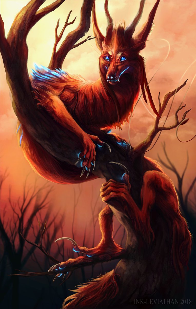 DeviantArt's tweet image. Without the vibrant blue highlights, the creature would be completely camouflaged, snaked around the withered tree. bit.ly/2JtHNKc