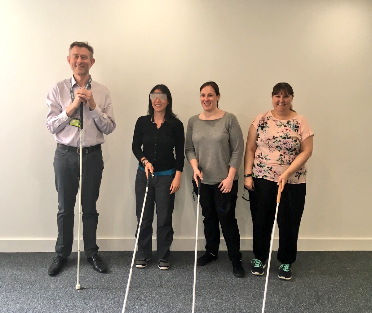 mysightnotts's tweet photo. Some of our staff took part in a mobility cane workshop with Notts AST Rehab Officer Mike Horseman today. For some it was revision, for others it was the first time and great insight into some of our service user’s lives #SmallCharitiesWeek #notts #sightloss #blind https://t.co/ssFlXhLidf