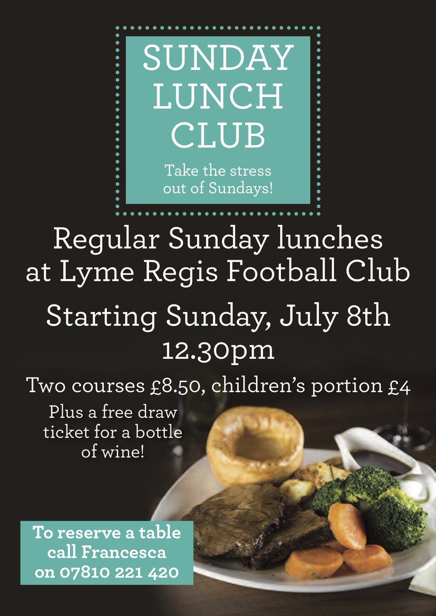 LymeRegisFC's tweet photo. SUNDAY LUNCH CLUB
A new regular event at Lyme Regis Football Club - book your table for our first Sunday roast on July 8th to avoid disappointment! #seasiders #sundaylunch https://t.co/QCiaIEJZuL