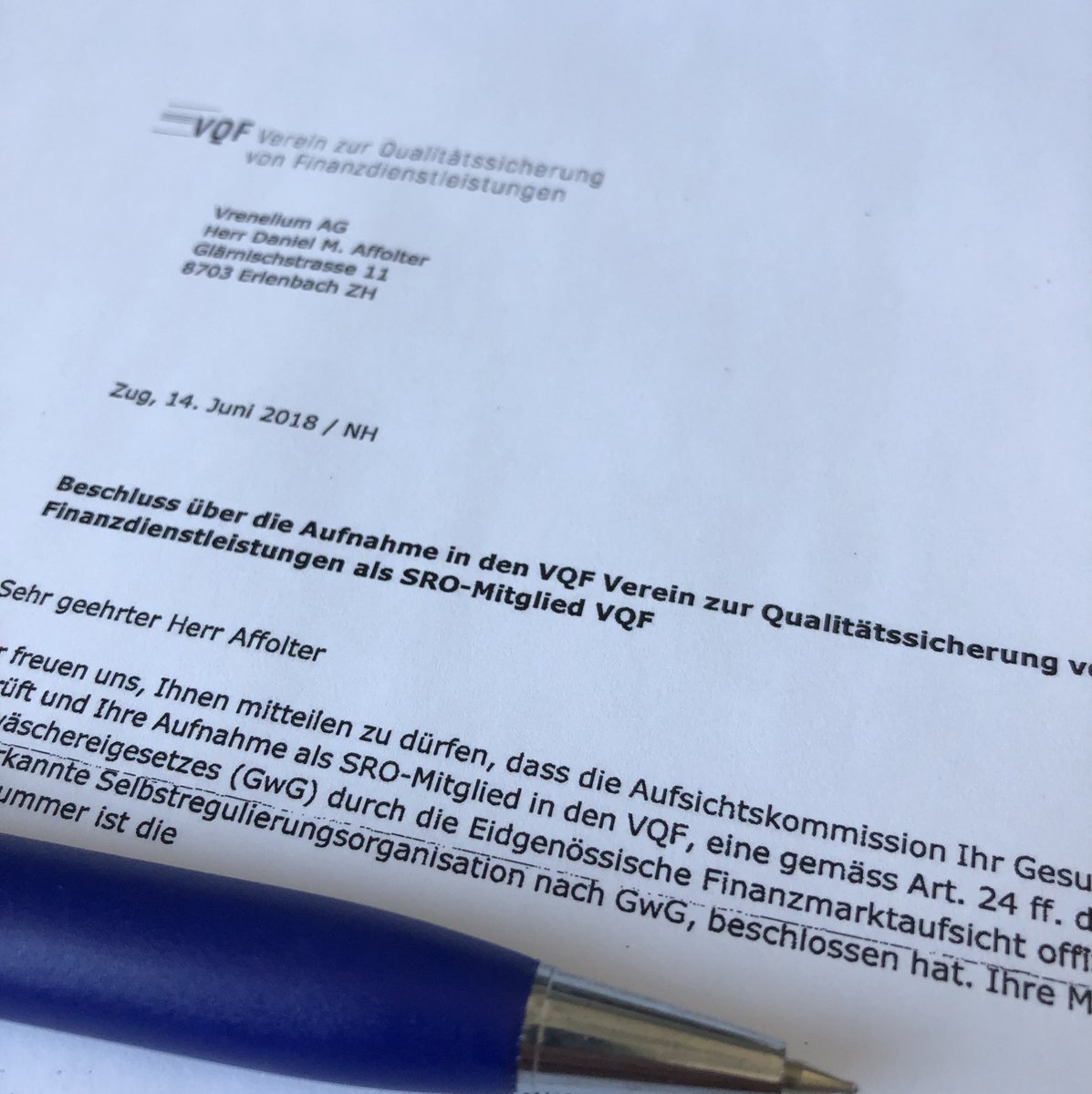 Vrenelium's tweet photo. We are happy that Vrenelium is finally member of the VQF self-regulatory organisation (SRO).With help by our legal partner @PwC_Switzerland we have gone through the complicated application process and therefor a big step forward to our sustainable approach. #blockchain #ico #sro https://t.co/uk7aWxmeyF