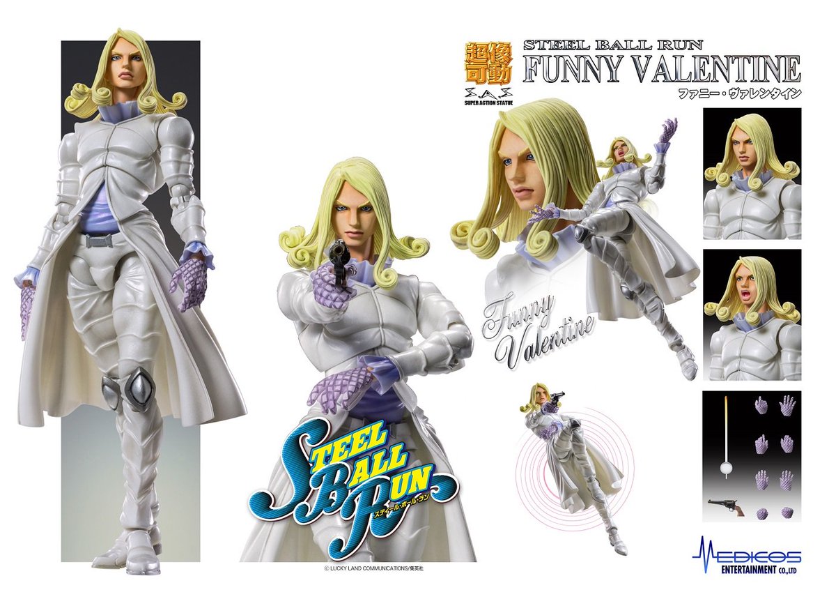 LaCremeFR's tweet photo. Ami de Jojo's Bizarre Adventure, sachez que Funny Valentine, de la partie Steel Ball Run va arriver en Super Action Statue grâce à Medicos Entertainment.

Sa taille est de 16cm, elle est prévu pour septembre et est dès à présent en précommande à environ 65€. https://t.co/AylkQvbhsx