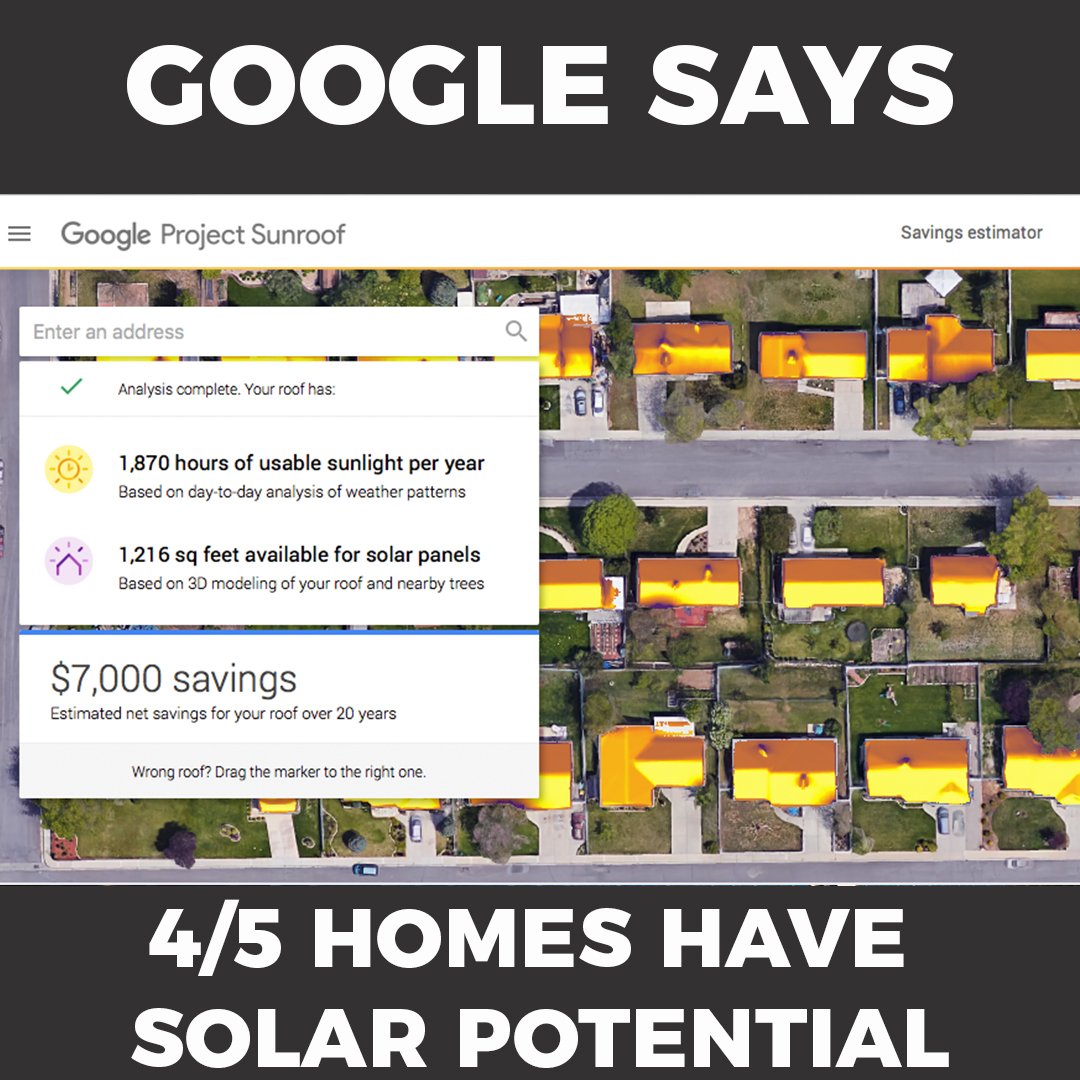 EvelarSolar's tweet photo. google project sunroof is a great way to see if solar makes sense for your home. It gives you a ruff estimate of sun hours as well as estimated savings. #evelar #evelarsolar #projectsunroof #gogreen #renewableenergy https://t.co/H6EOLpOaOf