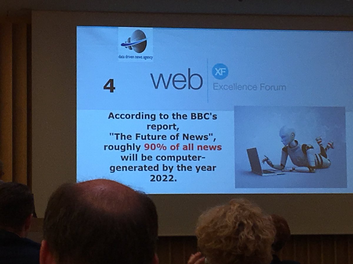 frank_grodzki's tweet photo. #BBC: Bis 2022 werden 90% aller #News von Computern generiert sein, schildert Wolfgang Zehrt (@digitalerwolf) beim #WebXF.
#TextBots
#Content
#DigitalTransformation https://t.co/FwYsJP79F9