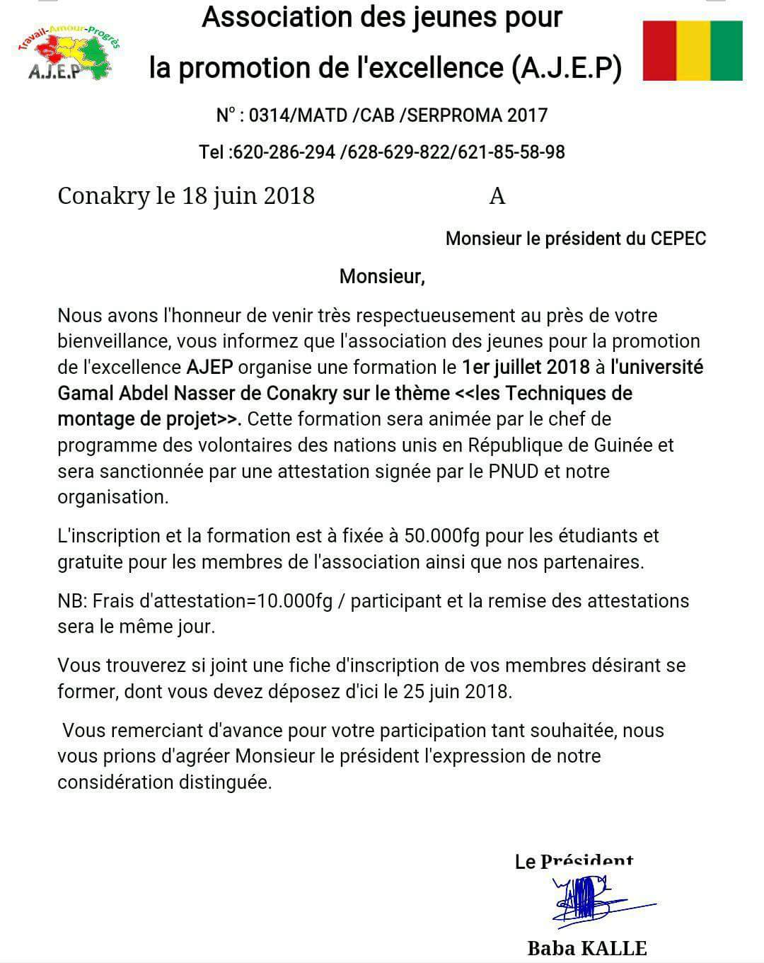 Cepec Guinee Une Lettre Adressee Au Cepec En Provenance De L Ajep Une Ong Partenaire Je Souhaiterais La Presence De Tous Les Membres Du Cepec A Cette Formation Frais De L Attestation 10 000fg