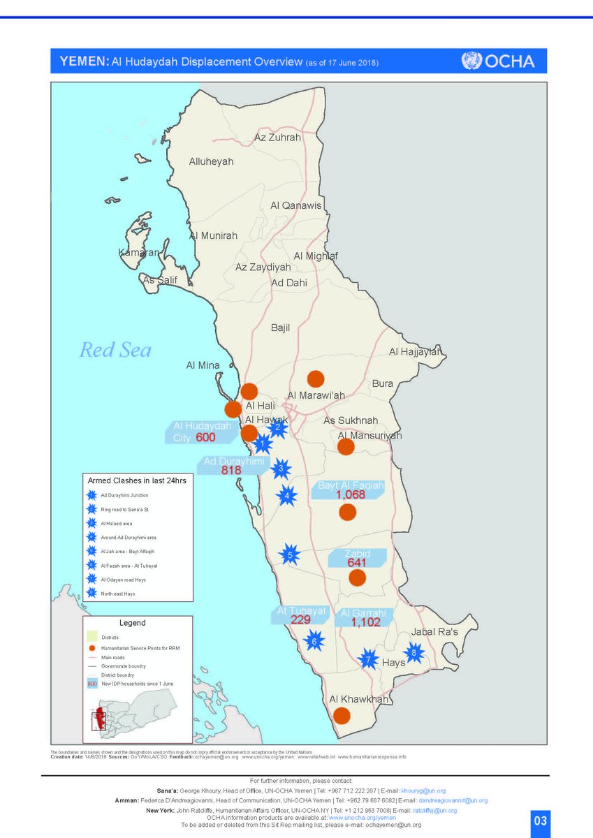 Heavy fighting continued in different parts of #Hudaydah #Yemen men with unverified casualties and some civilians are reportedly stranded in areas of fighting without access to humanitarian assistance. 
OCHA Situation Report #2 (Sunday 17 June, 2018)
bit.ly/2HYMcQk