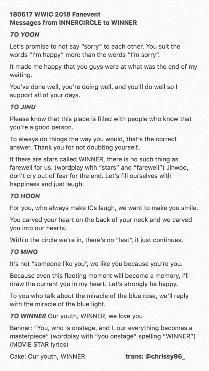 180617 #WINNER #WWIC2018 Fanevent
INNERCIRCLEs' messages for #YOON #JINU #HOON #MINO
“You, who is onstage, and I, our everything becomes a masterpiece”
x.com/ICs_nsu/status…