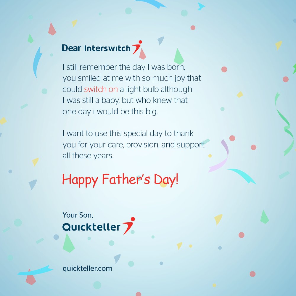 Quickteller's tweet photo. Happy Father's day to you @InterswitchGRP, I wrote you a letter and I hope you feel as special every other day of the year as you do now. Love You!
#FathersDay #Quickteller #Interswitchgroup https://t.co/fIopHhLofA