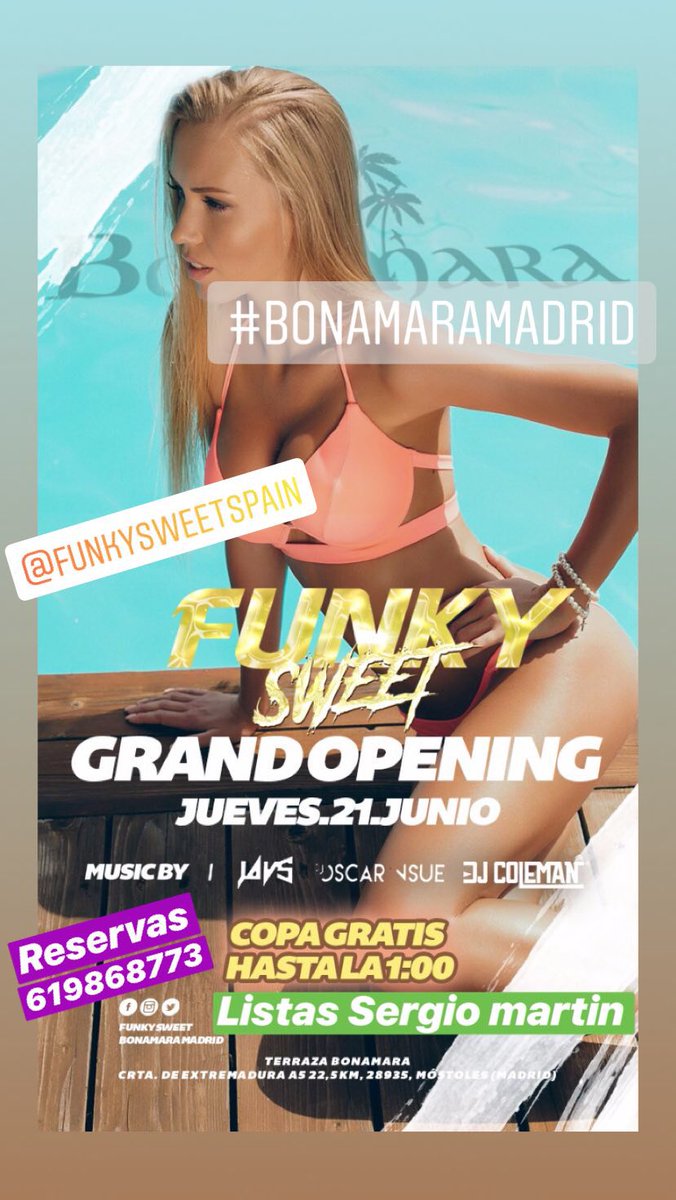 sergiomodelfit's tweet photo. Este jueves presentamos....
#FUNKYSWEET en bonamara
Reserva tu mesa 619868773
Listas de #SergioMartin https://t.co/4hQsacuq4Y