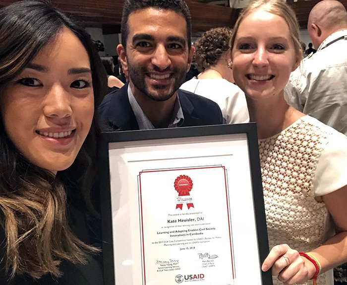 DAIGlobal's tweet image. Congrats to DAI’s Kate Heuisler and the @UsaidCambodia @DevInnoKH team for receiving @USAIDlearning @USAIDPolicy award! 

#MTN18 #CLA4dev #AdaptDev @KarimICT4D #globaldev