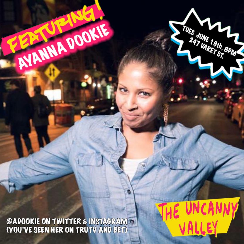 1 day away and we’ve got <a href="/adookie/">Ayanna Dookie</a> on this 🔥🔥🔥 show! You’re not gonna want to miss this Uncanny Valley. Tomorrow at @hellphonebrooklyn at 8pm! Bit.ly/Uncanny619 Raising $ for <a href="/fountainhouse/">Fountain House</a> Cc: <a href="/brokelyn/">Brokelyn</a> <a href="/theinterrobang/">Parkdesigned</a> <a href="/timeoutnewyork/">Time Out New York</a> <a href="/nytimes/">The New York Times</a> <a href="/Gothamist/">Gothamist</a>