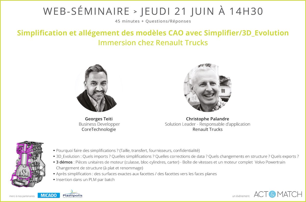 SophieGarofalo's tweet image. ⚡ Événement #CAO #CadUsers ⚡ Responsables et ingénieurs BE, CAD users, techniciens méthodes -&amp;gt; WEB-SÉMINAIRE sur les SIMPLIFICATIONS CAO🚩Jeudi 21 juin à 14h30 ✍️ Inscription actandmatch.com/simplification…
@Plastipolis @af_micado @cao_fr @CADmagazine @usinenouvelle 
@IT_technologies