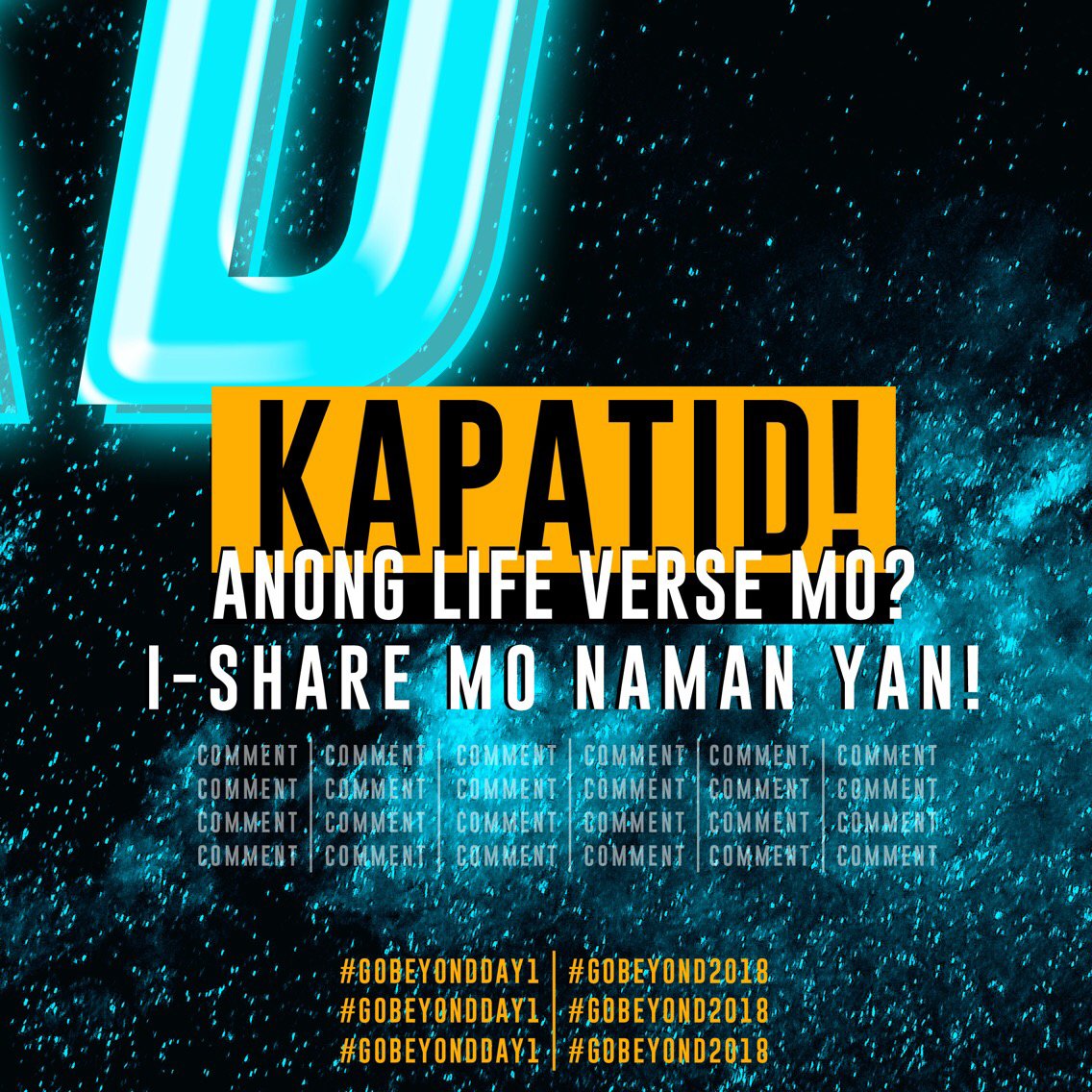 yeuniversityjam's tweet photo. All believers have one. What’s yours? COMMENT DOWN BELOW!

#GOinHisWORD
#UniversityJam
#YEDasmarinas
#PassionGOBeyond
#GOBeyond2018 https://t.co/H6ymTaoB9l