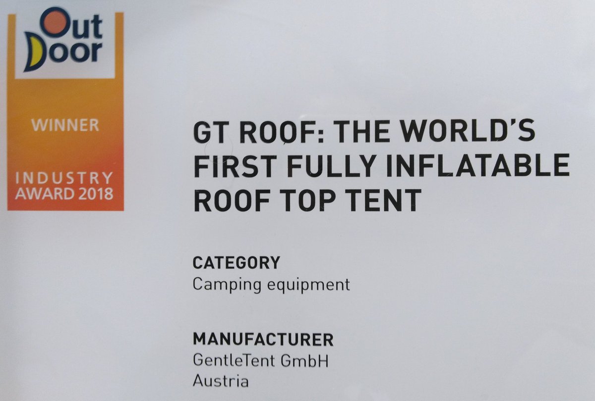 GentleTent's tweet photo. We are very happy that GentleTent is one of the winners of Outdoor Industry Award 2018. 🤩 GT Roof, the world's first fully inflatable roof top tent, rocks. 😎 https://t.co/AeHrPnJNat
