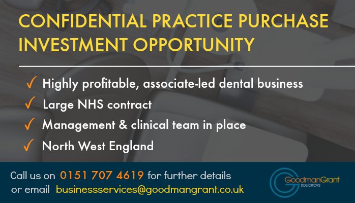 Fantastic opportunity for 'hands-on' owner or investor. Highly confidential sale. Very attractive price with great investment returns.
#dental #investment #NHS #dentist #practice #purchase #GoodmanGrant #BusinessServices