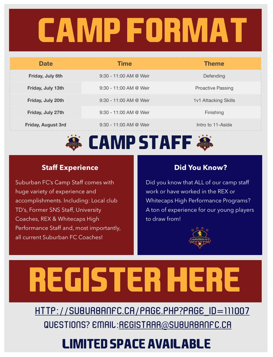 SuburbanFC's tweet photo. Calling all 2005/2006 aged players. Check out our @SuburbanFC Camp spread across 5 weeks in July and August! Register now. Check out that staff!!! @TitansBedford @Central_F_C @easthantssoccer @SoccerNS @SuburbanFC https://t.co/xxbnSZd9dr