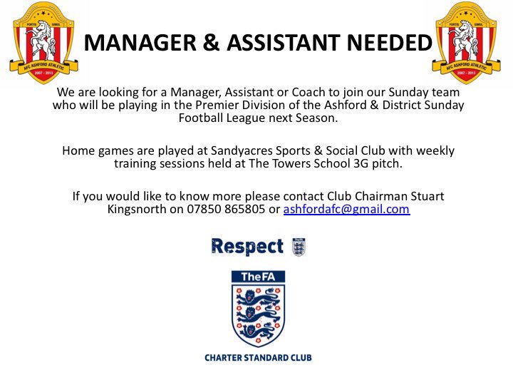 AshfordAthSun's tweet photo. @KentFA @ukfootyfinder @PlayerFinderUK Manager &amp; Coach needed for Sunday Men’s football team. #ashford #kent #football #PremierLeague #coaches #managers #uptheathletic https://t.co/pXUrGIHgiX