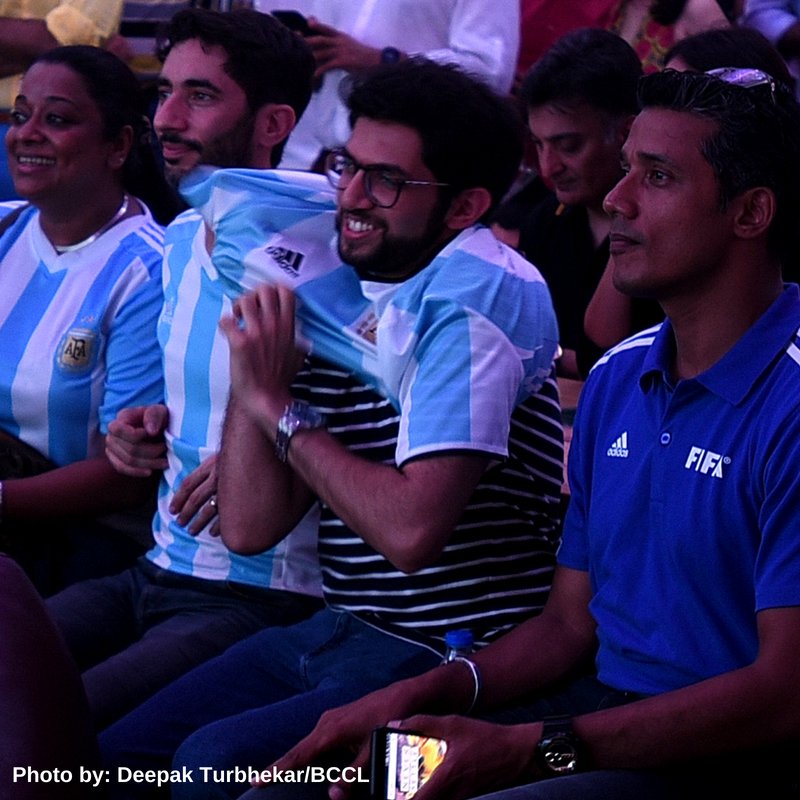 TOIPlus's tweet photo. #MessiMan: Yuva Sena president @AUThackeray was recently spotted cheering for his favourite team while watching the #FifaWorldCup2018 screening at a Lower Parel mall. https://t.co/7mm9Jf7BXL