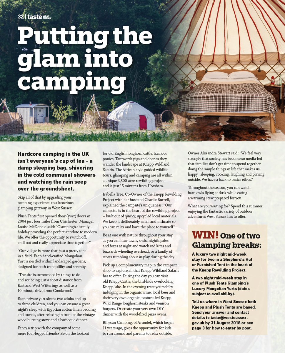 TasteWestSussex's tweet photo. Why travel for miles in your hot car when you can escape from it all right here in West #Sussex? Discover some of our #glamping sites and ...relax @plushtents @KneppSafaris @CampingWorld Taste magazine p32 https://t.co/1jiFSyXSYT https://t.co/FL1MXNrEs6