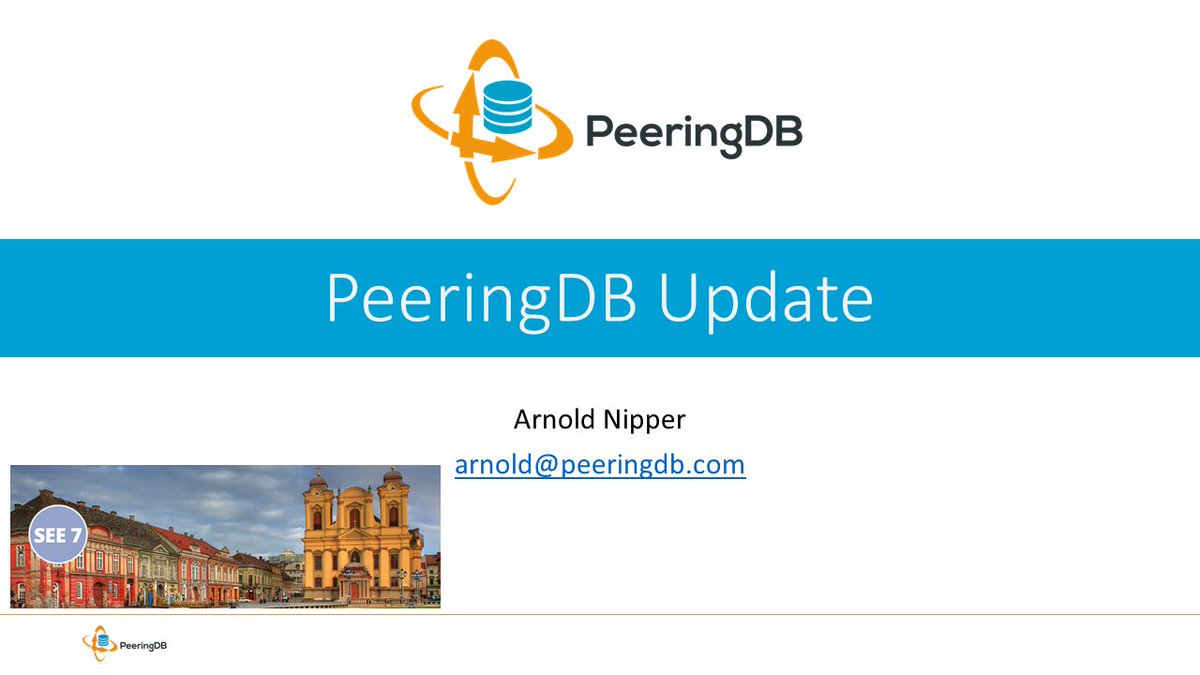 PeeringDB's tweet photo. We're at #SEE7 this week! @clone42 will give a PeeringDB Update in this afternoon's Lightning Talks. Come talk to us about questions or support issues. https://t.co/tCZWqsk0Fh #peering #interconnection https://t.co/5HjTYGS7Pq