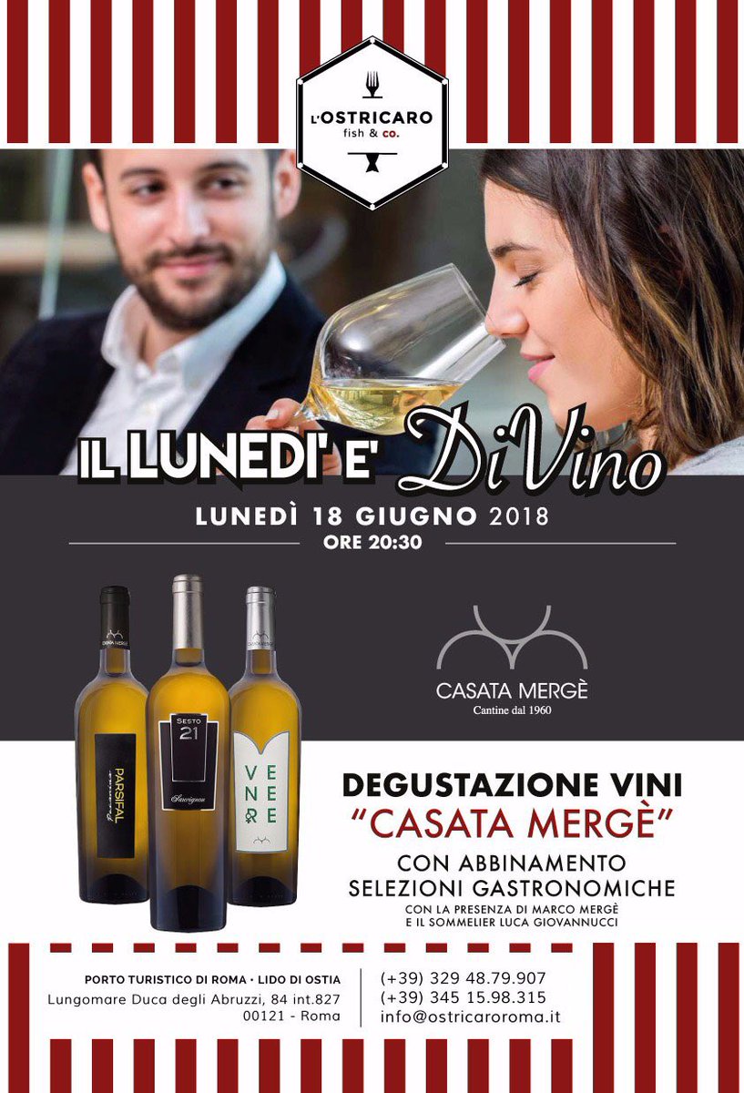 Casata_Merge's tweet photo. Vi aspettiamo stasera a L'Ostricaro Fish &amp; co per degustare i nostri vini accompagnati da un'interessante e sfiziosissima selezione gastronomica a base di pesce ... 
#CasataMergè #Winery #Tasting #ExcellenceEvent #LitoraleRomano https://t.co/enmEZRXzny