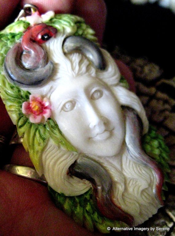 Vintage Expertly  Hand carved bone and sterling snake Goddess Totem Focal Bead by TemplesTreasureTrove Spring Green #carvedbead #carvedsterling etsy.me/2JY2WZI