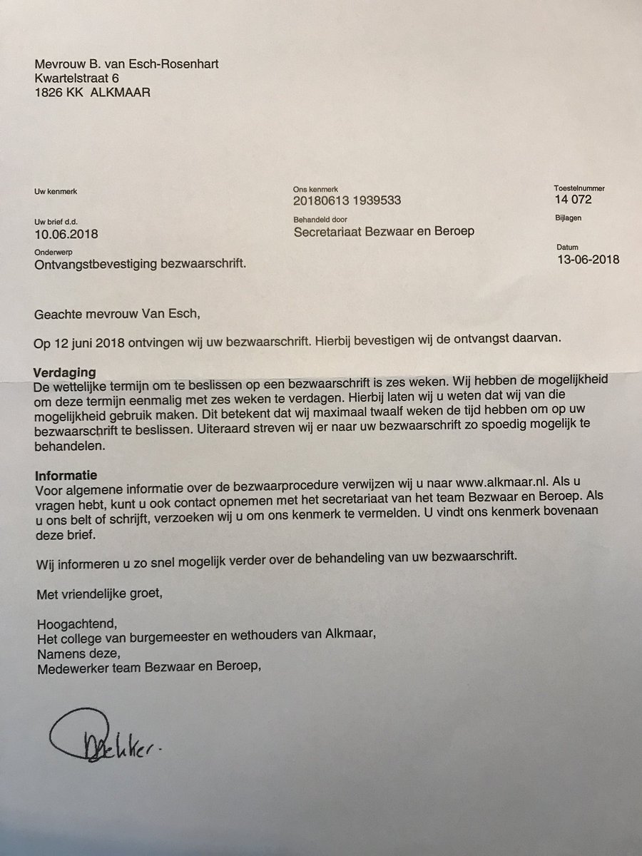 EschBrenda's tweet photo. @gemeentealkmaar heeft bezwaar inzake aanvraag mobiele tillift ontvangen en geeft op voorhand aan de wettelijke termijn van 6 weken met nog eens 6 weken te verdagen! #treurig #wmo #bezwaarschrift https://t.co/vTy57ter4Q