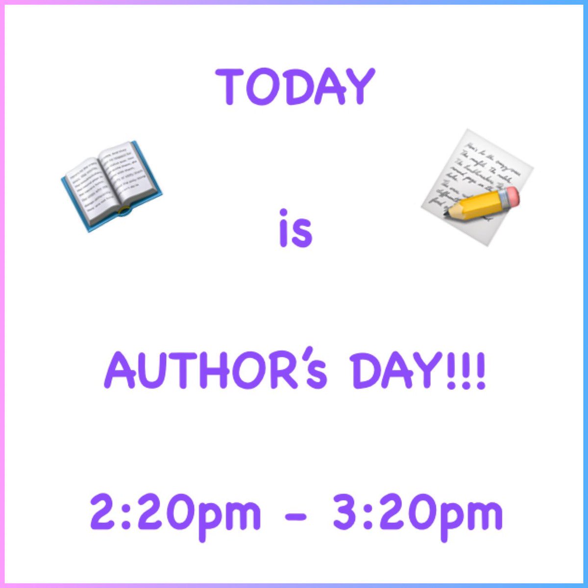 Roywood_Council's tweet photo. TODAY is Author’s Day!!!
It will run from 2:20 - 3:20pm.
Come and check out your kids hard work!
#RoywoodPublicSchool #RoywoodParentCouncil #AuthorsDay #YourKidsWroteTheStories #ComeAndCheckItOut https://t.co/UuwlO3yx5S