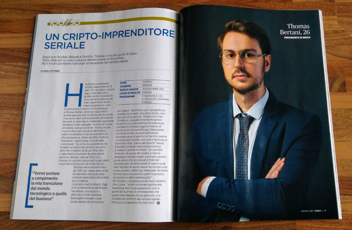 ThomasBertani's tweet photo. Achievement unlocked! I am happy to share with you all that the last issue of @ForbesItalia features my story as one of the #top5 young leaders operating in the financial sector. #finance #fintech #blockchain #business @OraclizeIT @eidoo_io @TheBitBoat https://t.co/5kyqmmUulG