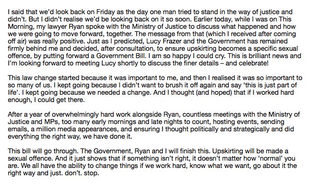 BREAKING NEWS: The Gov, <a href="/ryantwhelan/">Ryantwhelan</a> and I are proud to announce that they will be introducing an #UpskirtingBill as a Government Bill, to ensure the gap in the law is closed. 🙌🙌🙌

You can find my official statement on this insanely great news below.

#upskirtbill