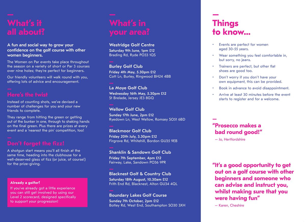 <a href="/pgtips1206/">Penny GreenPea 💙</a> <a href="/EnglandGolf/">England Golf</a> Hello, the nearest county to you running Women on Par events is <a href="/Hampshire_Golf/">Hampshire Golf CSO</a> . Attached is the clubs in Hampshire who are running events this summer.